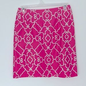 White and pink print Melly M skirt with zippered in back.